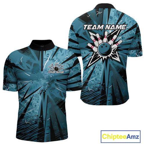 Custom Blue Camouflage Bowling Team Quarter-Zip Shirts For Men, Bowling League Shirt IPHW9385