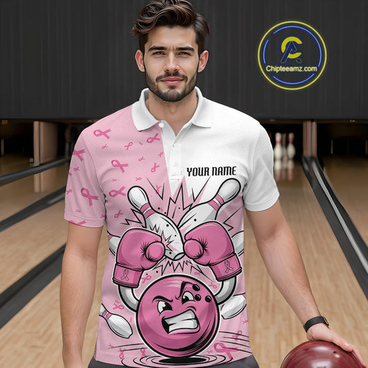 Custom Funny Pink Breast Cancer Bowling Men Polo Shirt, Breast Cancer Fighter Jerseys IPHW9394