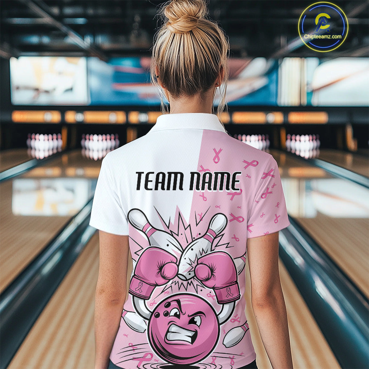 Custom Funny Pink Breast Cancer Bowling Women Polo Shirt, Breast Cancer Fighter Jerseys IPHW9394