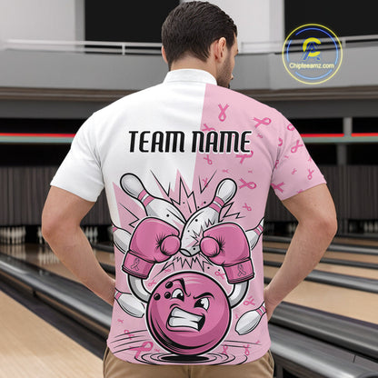 Custom Funny Pink Breast Cancer Bowling Men Quarter-Zip Shirt, Breast Cancer Fighter Jerseys IPHW9394
