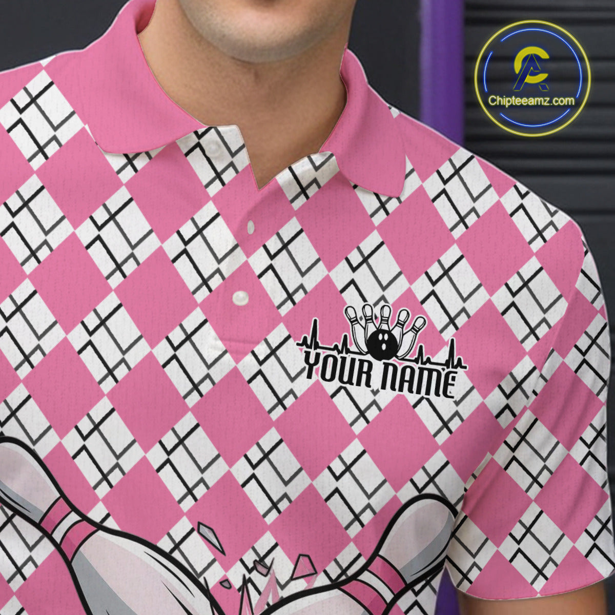 Custom Pink Argyle Pattern Funny Breast Cancer Fighter Bowling Polo Shirts For Men IPHW9396