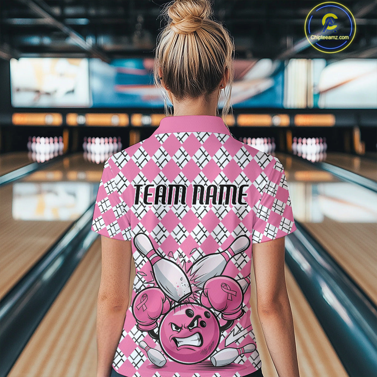 Custom Pink Argyle Pattern Funny Breast Cancer Fighter Bowling Polo Shirts For Women IPHW9396