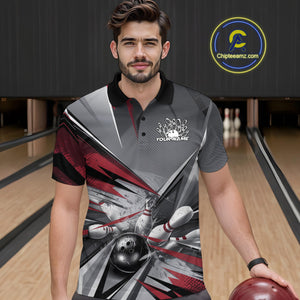 Custom Red And Gray Bowling Polo Team Shirts For Men, Bowler Outfit Bowling League Shirt IPHW9557