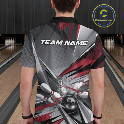Custom Red And Gray Bowling Polo Team Shirts For Men, Bowler Outfit Bowling League Shirt IPHW9557