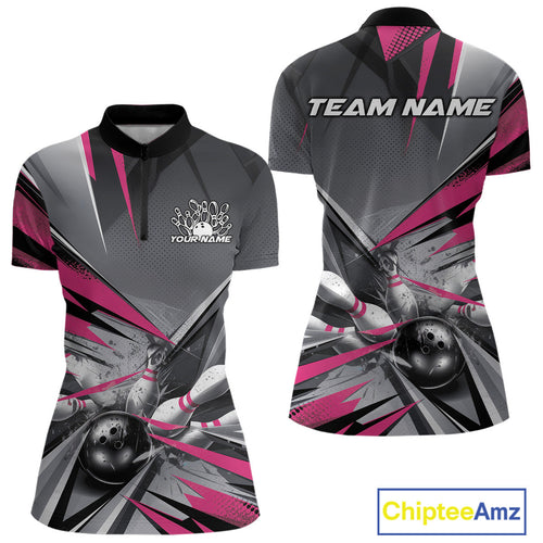 Custom Pink And Gray Bowling Women Quarter-Zip Shirts, Bowler Outfit Bowling League Shirt IPHW9558