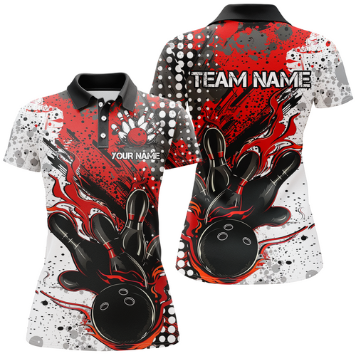 Red And Black Flame Bowling Team Shirts, Strike Bowling Short Sleeve Polo Shirts For Women IPHW6753