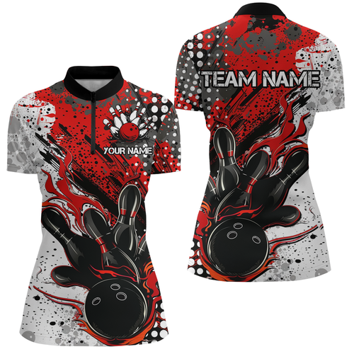 Red And Black Flame Bowling Team Shirts, Bowling Short Sleeve Quarter Zip Shirts For Women IPHW6753