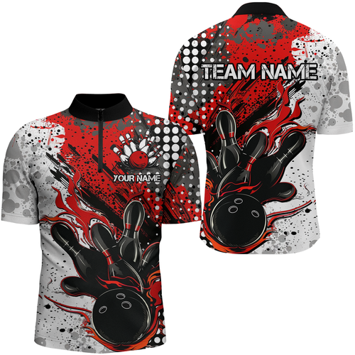 Red And Black Flame Bowling Team Shirts, Strike Bowling Short Sleeve Quarter Zip Shirts For Men IPHW6753