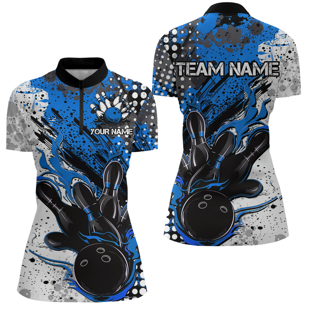 Blue And Black Flame Bowling Team Shirts, Bowling Short Sleeve Quarter Zip Shirts For Women IPHW6754