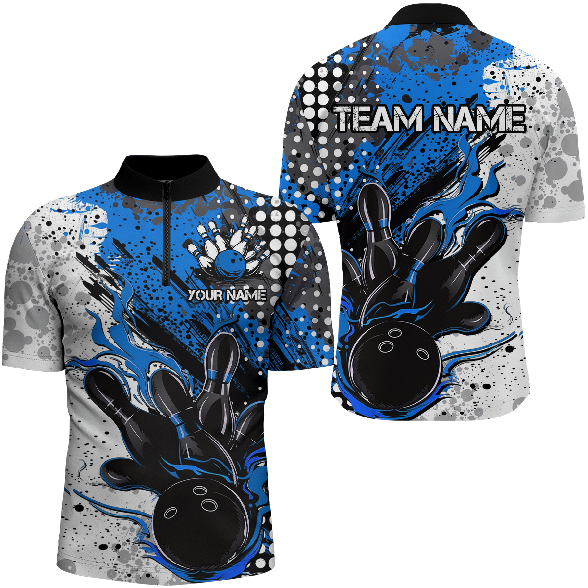 Blue And Black Flame Bowling Team Shirts, Strike Bowling Short Sleeve ...