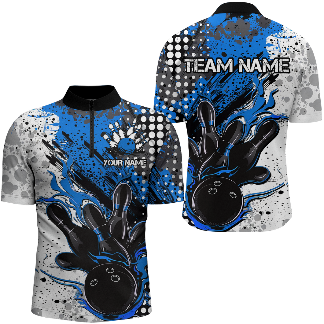 Blue And Black Flame Bowling Team Shirts, Strike Bowling Short Sleeve Quarter Zip Shirts For Men IPHW6754