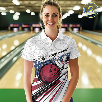 Custom Patriotic US Flag Women Bowling Polo Shirts, Bowling Pattern Bowling League Shirt IPHW9594