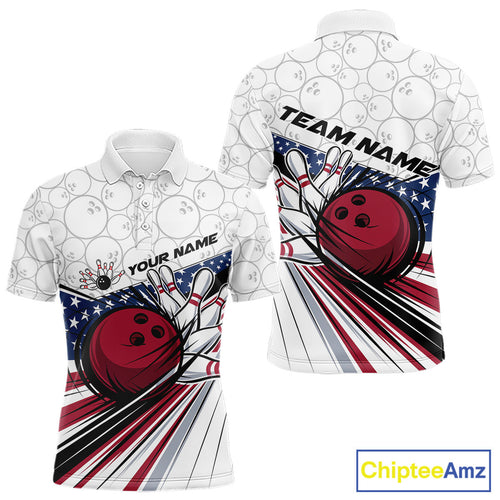 Custom Patriotic US Flag Bowling Polo Shirts For Men, Bowling Pattern Bowling League Shirt IPHW9594