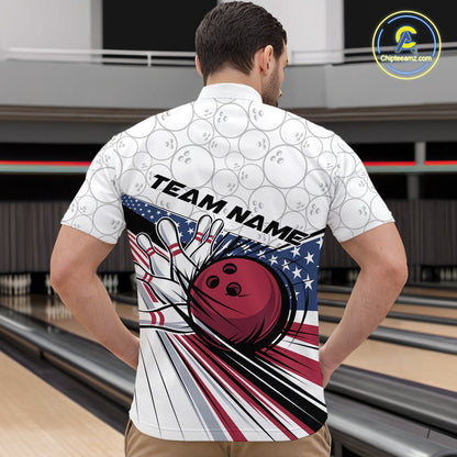 Custom Patriotic US Flag Bowling Quarter-Zip Shirts For Men, Bowling Pattern Bowling League Shirt IPHW9594