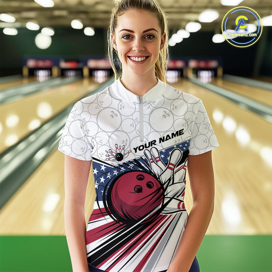 Custom Patriotic US Flag Bowling Women Quarter-Zip Shirt, Bowling Pattern  Shirt IPHW9594