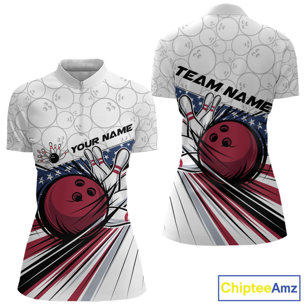 Custom Patriotic US Flag Bowling Women Quarter-Zip Shirt, Bowling Pattern  Shirt IPHW9594