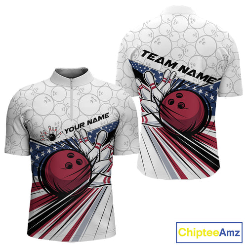 Custom Patriotic US Flag Bowling Quarter-Zip Shirts For Men, Bowling Pattern Bowling League Shirt IPHW9594