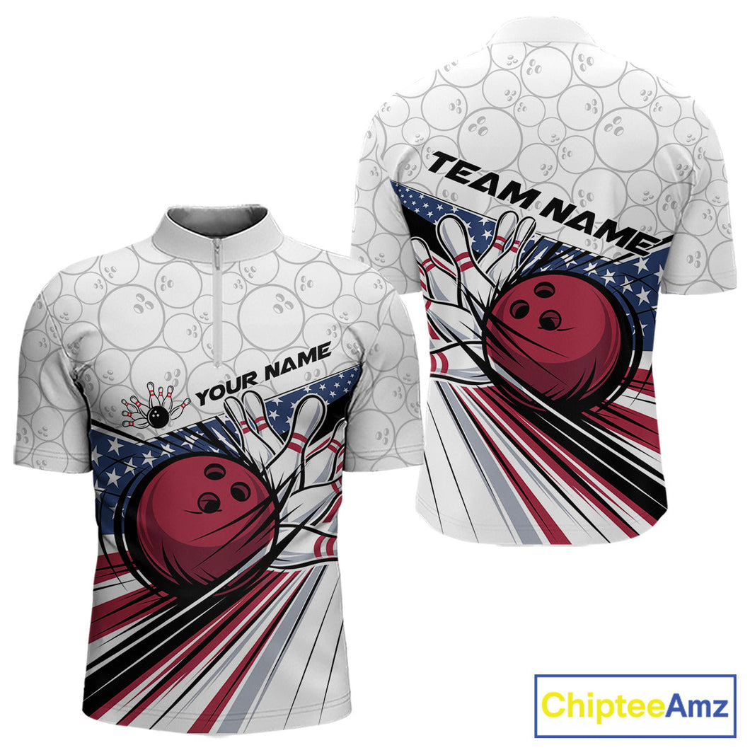 Custom Patriotic US Flag Bowling Quarter-Zip Shirts For Men, Bowling Pattern Bowling League Shirt IPHW9594