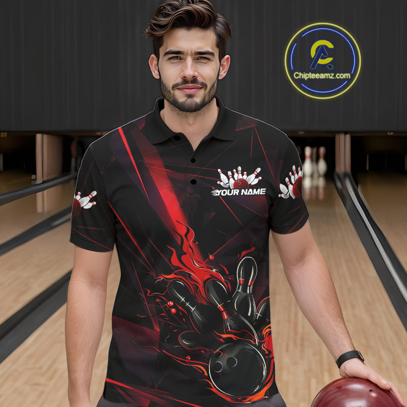 Custom Black And Red Flame Bowling Team Men Polo Shirts, Fire Bowling Jerseys IPHW9612