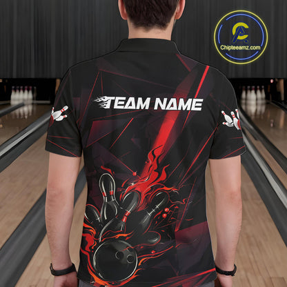 Custom Black And Red Flame Bowling Team Men Polo Shirts, Fire Bowling Jerseys IPHW9612
