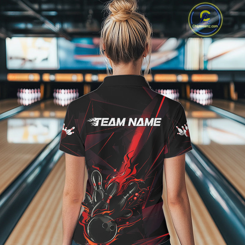 Custom Black And Red Flame Bowling Team Women Polo Shirts, Fire Bowling Jerseys IPHW9612