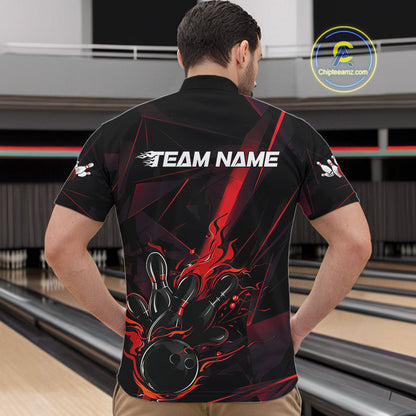 Custom Black And Red Flame Bowling Team Men Quarter-Zip Shirts, Fire Bowling Jerseys IPHW9612
