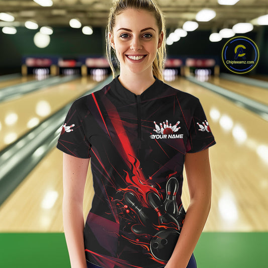 Custom Black And Red Flame Bowling Team Women Quarter-Zip Shirts, Fire Bowling Jerseys IPHW9612