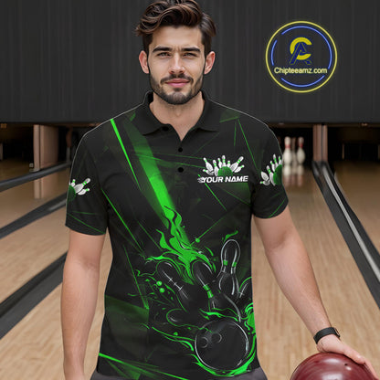 Custom Black And Green Flame Bowling Team Men Polo Shirts, Fire Bowling Jerseys IPHW9613