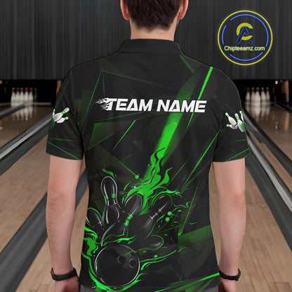 Custom Black And Green Flame Bowling Team Men Polo Shirts, Fire Bowling Jerseys IPHW9613