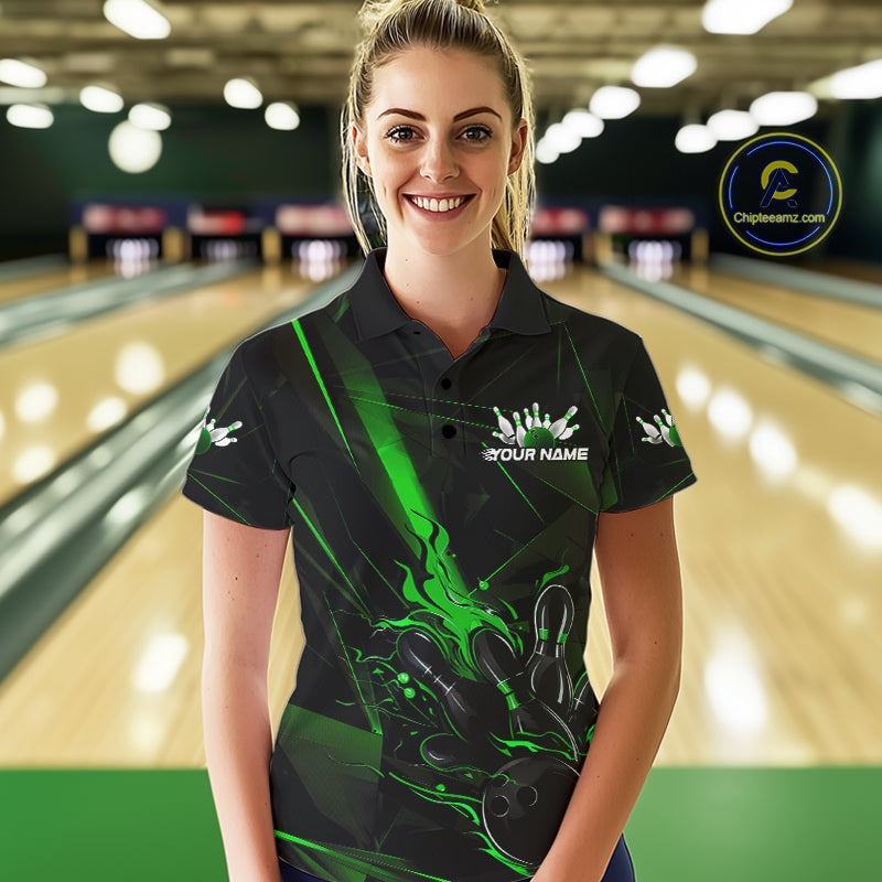 Custom Black And Green Flame Bowling Team Women Polo Shirts, Fire Bowling Jerseys IPHW9613