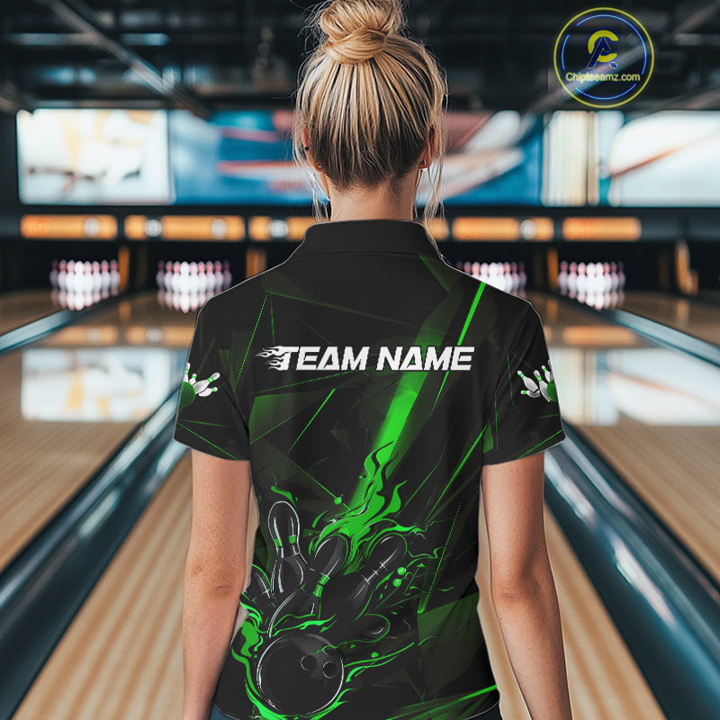 Custom Black And Green Flame Bowling Team Women Polo Shirts, Fire Bowling Jerseys IPHW9613
