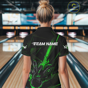 Custom Black And Green Flame Bowling Team Women Polo Shirts, Fire Bowling Jerseys IPHW9613
