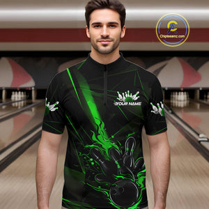 Custom Black And Green Flame Bowling Team Men Quarter-Zip Shirts, Fire Bowling Jerseys IPHW9613