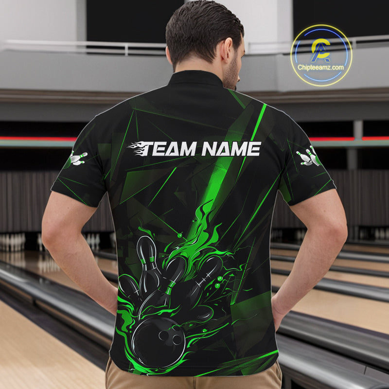 Custom Black And Green Flame Bowling Team Men Quarter-Zip Shirts, Fire Bowling Jerseys IPHW9613