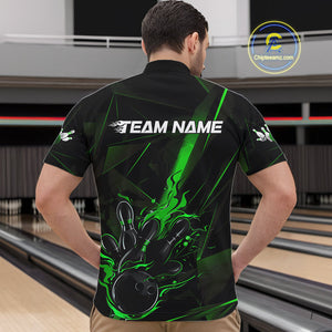 Custom Black And Green Flame Bowling Team Men Quarter-Zip Shirts, Fire Bowling Jerseys IPHW9613