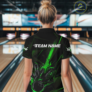 Custom Black And Green Flame Bowling Team Women Quarter-Zip Shirts, Fire Bowling Jerseys IPHW9613