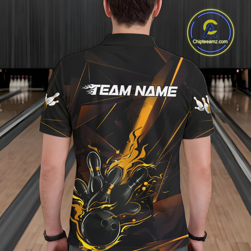 Custom Black And Gold Flame Bowling Team Men Polo Shirts, Fire Bowling Jerseys IPHW9614