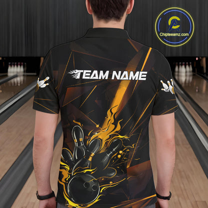 Custom Black And Gold Flame Bowling Team Men Polo Shirts, Fire Bowling Jerseys IPHW9614