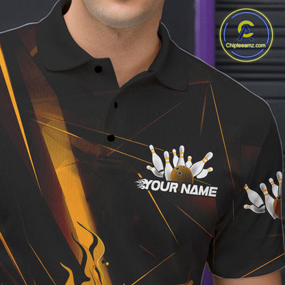 Custom Black And Gold Flame Bowling Team Men Polo Shirts, Fire Bowling Jerseys IPHW9614