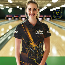 Load image into Gallery viewer, Custom Black And Gold Flame Bowling Team Women Polo Shirts, Fire Bowling Jerseys IPHW9614