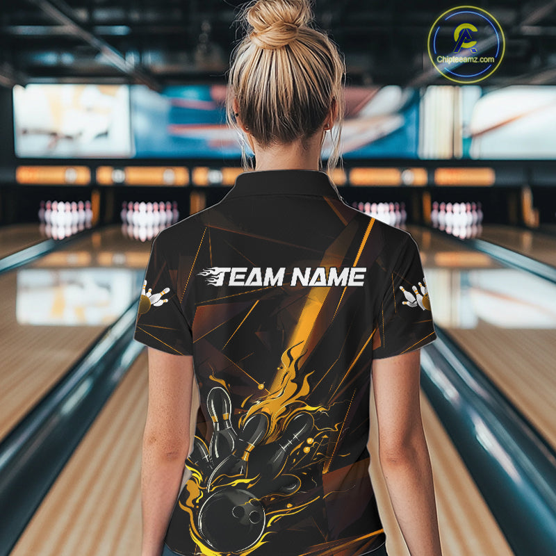 Custom Black And Gold Flame Bowling Team Women Polo Shirts, Fire Bowling Jerseys IPHW9614