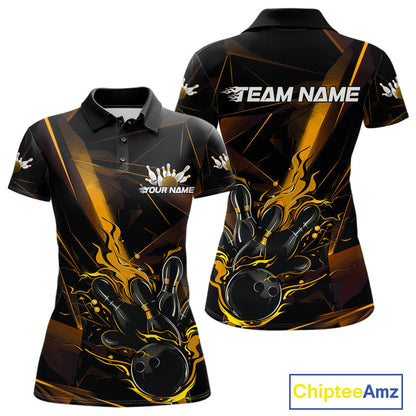 Custom Black And Gold Flame Bowling Team Women Polo Shirts, Fire Bowling Jerseys IPHW9614