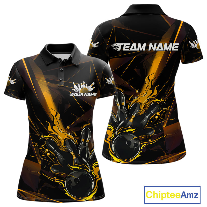 Custom Black And Gold Flame Bowling Team Women Polo Shirts, Fire Bowling Jerseys IPHW9614