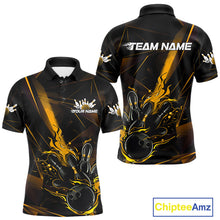 Load image into Gallery viewer, Custom Black And Gold Flame Bowling Team Men Polo Shirts, Fire Bowling Jerseys IPHW9614