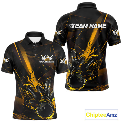 Custom Black And Gold Flame Bowling Team Men Polo Shirts, Fire Bowling Jerseys IPHW9614