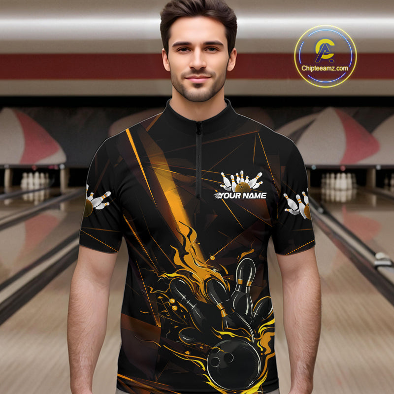 Custom Black And Gold Flame Bowling Team Men Quarter-Zip Shirts, Fire Bowling Jerseys IPHW9614