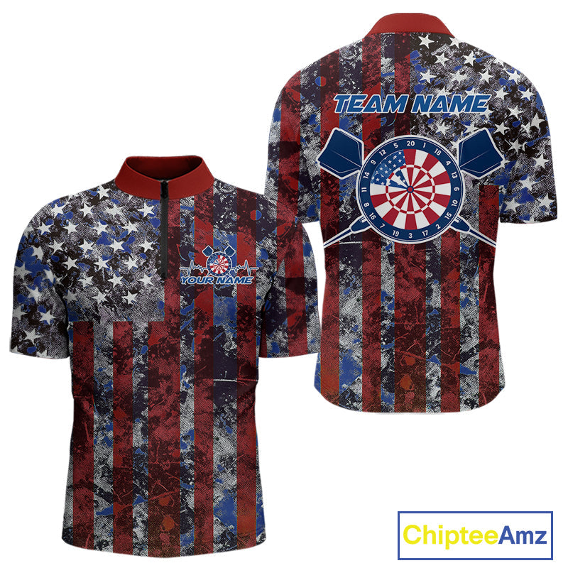 Custom US Flag Camo Patriotic Dart Quarter-Zip Shirts For Men, Dart Jersey Dart Team Uniform IPHW9695