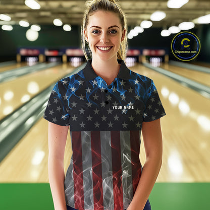 Custom Red And Blue Flame American Flag Patriotic Bowling Women Polo Shirts, Team Uniform IPHW9715
