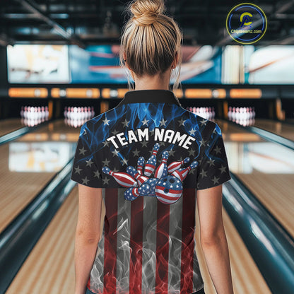 Custom Red And Blue Flame American Flag Patriotic Bowling Women Polo Shirts, Team Uniform IPHW9715
