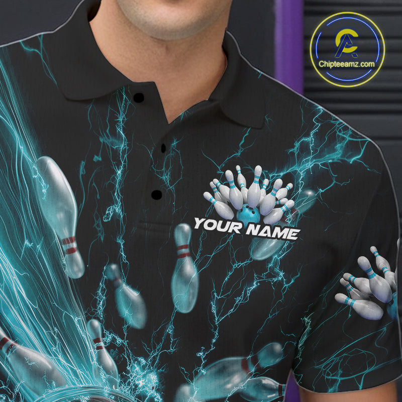 Custom Blue Thunder Lightning Bowling Team Men Polo Shirts, Bowling Jerseys IPHW9742